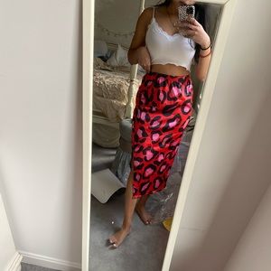 Satin Leopard Print Midi Skirt with Slit